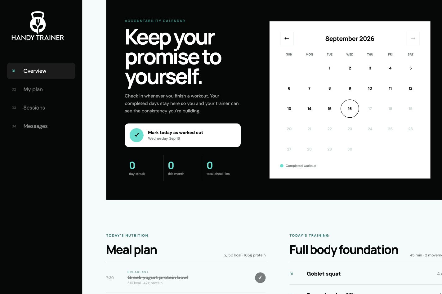 Handy Trainer client dashboard showing an accountability calendar, meal plan, and today's workout