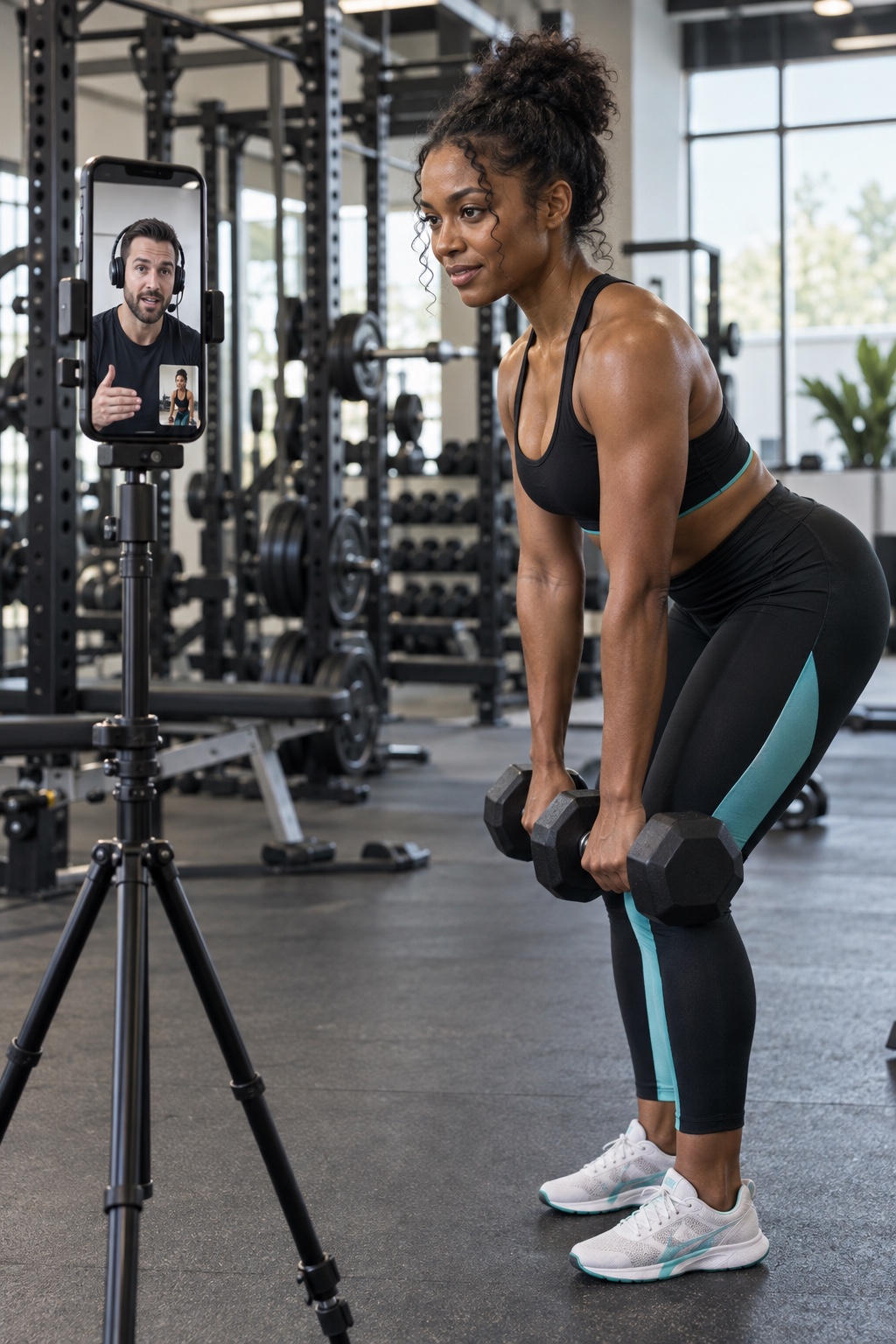 An athlete lifting dumbbells beside a tripod-mounted phone while her personal trainer coaches her live on screen