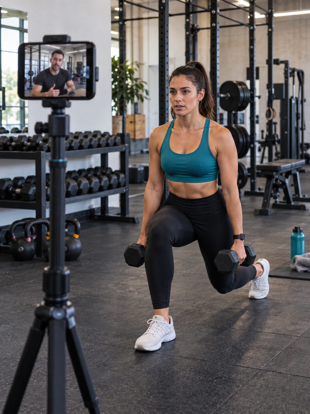 A gym member performing a dumbbell lunge while a personal trainer coaches through a phone mounted on a tripod