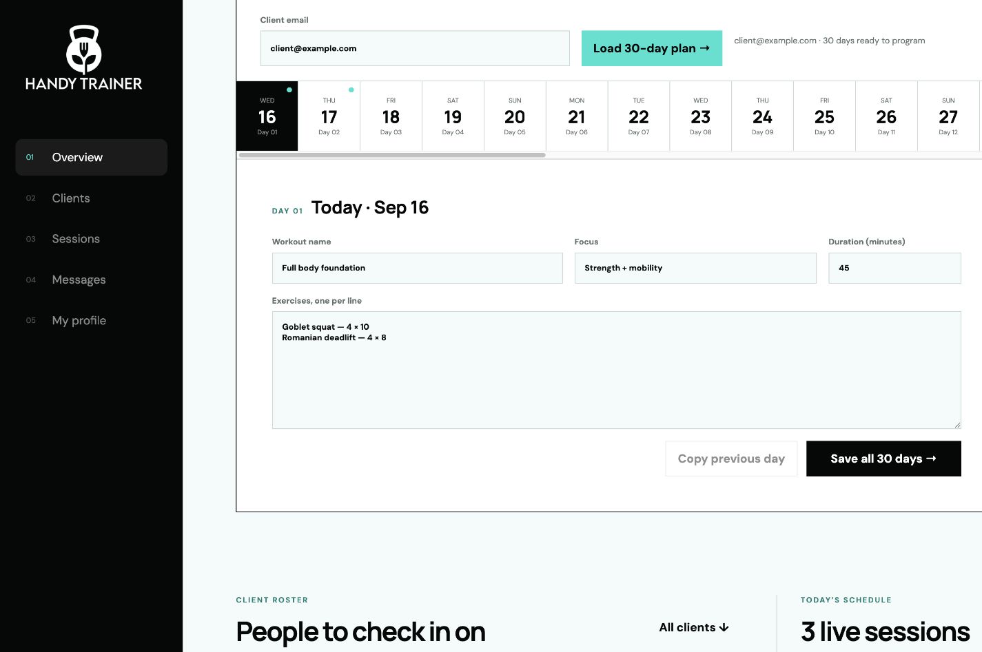 Handy Trainer coach dashboard showing a 30-day workout programming workspace